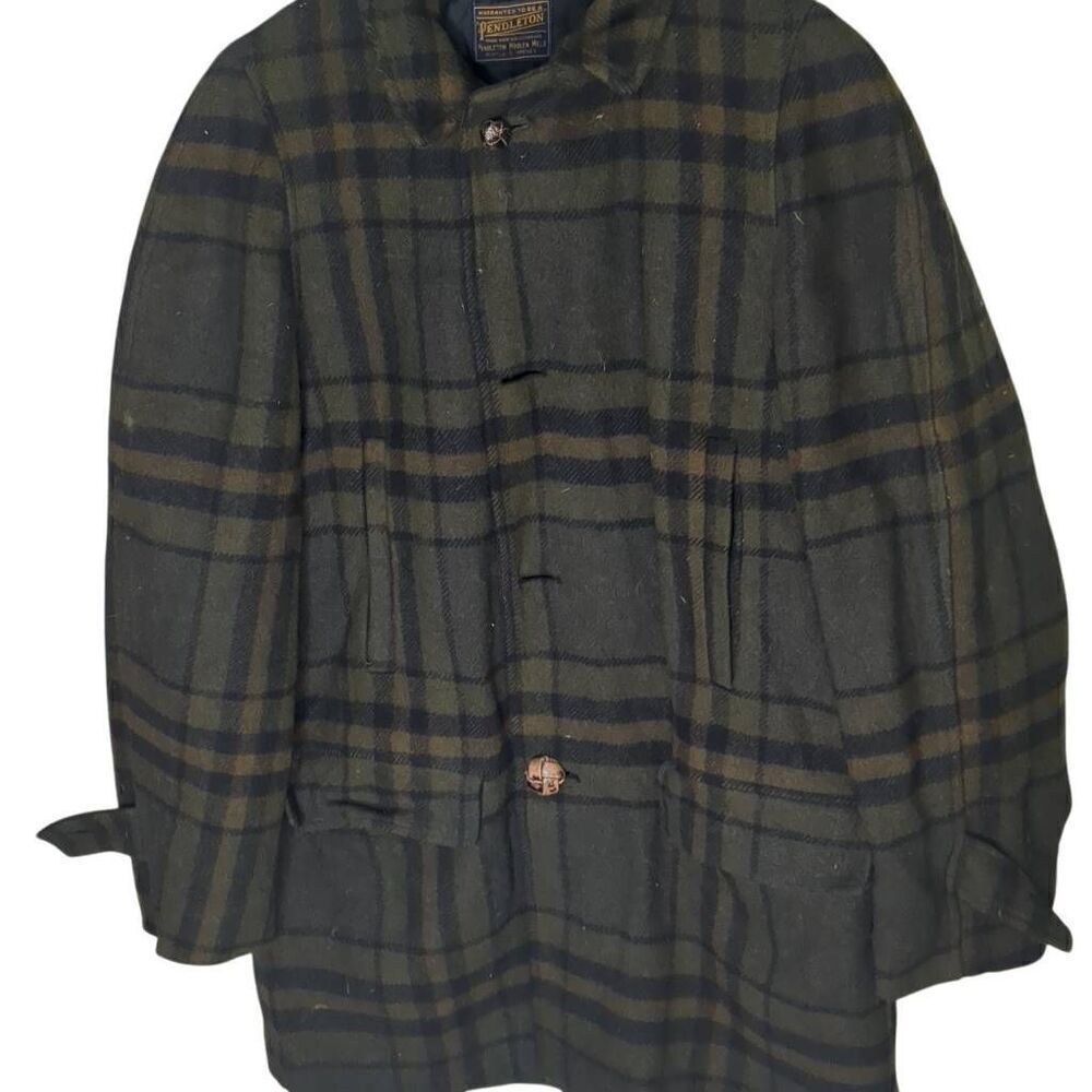 Vintage Pendleton Mackinaw Cruiser Coat Thick Green Brown Plaid Wool Lined 50s